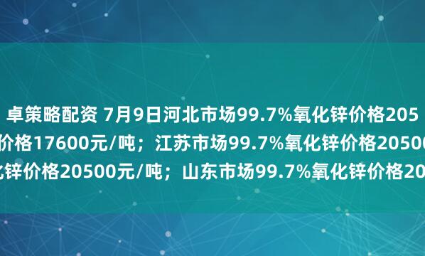 卓策略配资 7月9日河北市场99.7%氧化锌价格20500元/吨，99%氧化锌价格17600元/吨；江苏市场99.7%氧化锌价格20500元/吨；山东市场99.7%氧化锌价格20350元/吨。